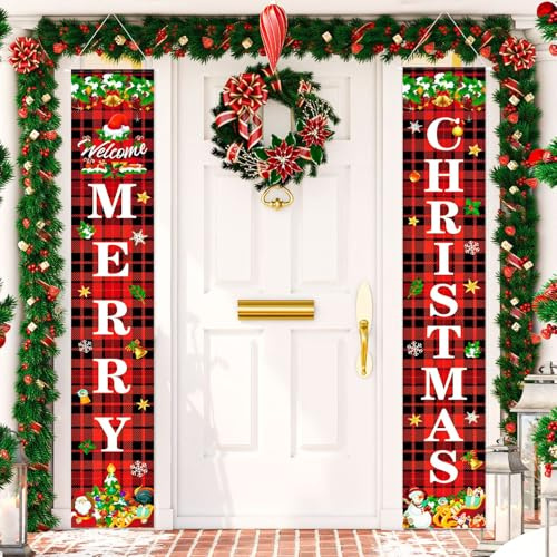 Pancarta Navidad Puerta, 30 x 180 cm Banner Navidad para Porche Decoración, Rojos Feliz navidad Bienvenida Adorno Signo, Decoración Entrada, Interior y Exterior