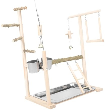 INOOMP Holz Vogelspielplatz Parrot Stand Natural Bird Perch Mit Snack-Schale Und Kletterleiter Stabile Papageien Sitzstange Aus Natürlichem Holz Für Training Und Futter Geeignet Für Klein