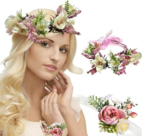 Dryxog 2 Piezas Diadema Flores Niña Accesorios Pelo Mujer Diadema Mujer Hair Clips Accesorio de Cabello Perfecto con Juego de Pulsera para Bodas Ceremonias Fiestas (Corona + Pulsera）