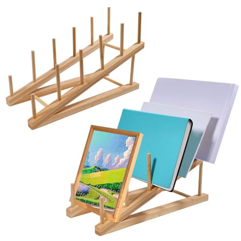 GLOBLELAND 2 Pack Wooden Plate Holders for Displaying Slope Wooden Puzzle Display Stand Puzzle Storage Organizer Shelf Wood Display Stand for Adults Books Crafts