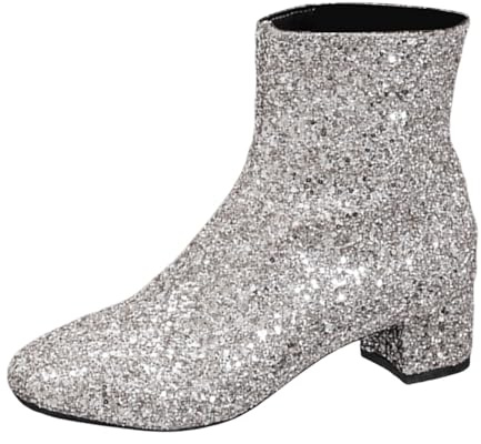 2026 Bottines de style britannique pour femme - Couleur unie - Décoration à paillettes - Talon épais - Fermeture éclair latérale - Bottes courtes
