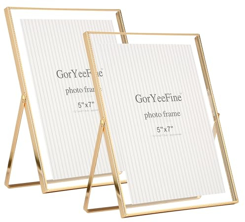 Gold 6x8'' Floating Photo Frame Set of 2,For Photo Sizes(3.5x5''4x6''& 5x7''),Simple Metal Beaded Floating Picture Frames 5x7'' Gold for Tabletop/Shelf,Classy Gift Choice for Wedding,Thanksgiving