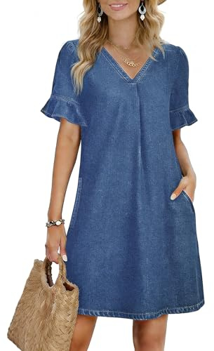 Fengbay Vestido blusa vaquero para mujer, largo hasta la rodilla, vestido de verano, cuello en V, informal, elegante, vestido camisero, vestido recto con bolsillos