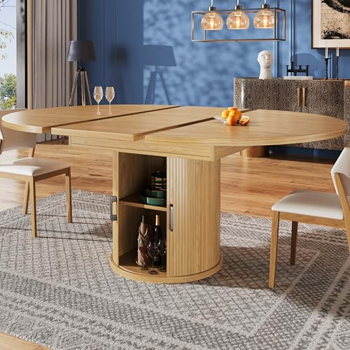 BTM Extendable Round Dining Table with Storage Wooden Oval Extending Tables 4-6 Seater for Kitchen, Balcony, Natural Color
