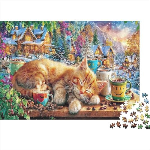 Bal de Mariage Chat Puzzle recyclé Anti-Stress, Chat avec Tasse de thé Unique détaillé, Cadeau d'anniversaire 70x50cm/1000 pièces