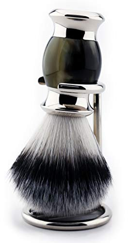 Artificial Horn Shaving Brush & Stand - Synthetic Hair and Resin & Metal Handle