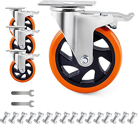 D&L Lenkrollen, 12,7 cm, 680 kg, robuste Rollen mit Bremse, Polyurethan, Doppelfeststellung, Orange, DL-I5-001, 4 Stück