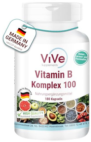 Vitamin B Komplex hochdosiert - 180 Kapseln - B 100 Komplex Forte - mit Vitamin B1, B2, B3, B6 & B12- Vegan | Qualität aus Deutschland von ViVe Supplements