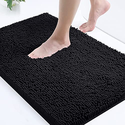 smiry Chenille Bath Mat, 40 x 60 cm, Non-Slip Super Absorbent Bathroom Mat Extra Soft Fluffy Bath Mats for Bathroom Thick Machine Washable Bathroom Floor Mats Rugs, Black
