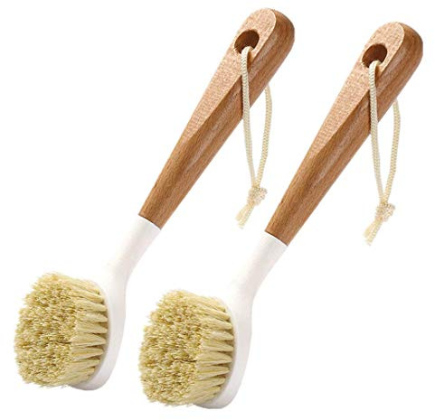 Cepillo para platos de 2 piezas de cerdas con mango largo de madera para lavar platos con cuerda colgante para sartén, fregadero, baño, limpieza del hogar