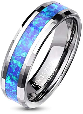 Paula & Fritz® Ring Damen Wolframcarbid Opal - Inlay Gr. 49 (15,6) - 70 (22,3) Silber-Blau 6-mm Breit Herren-Ring Damenring Partnerring Bandring