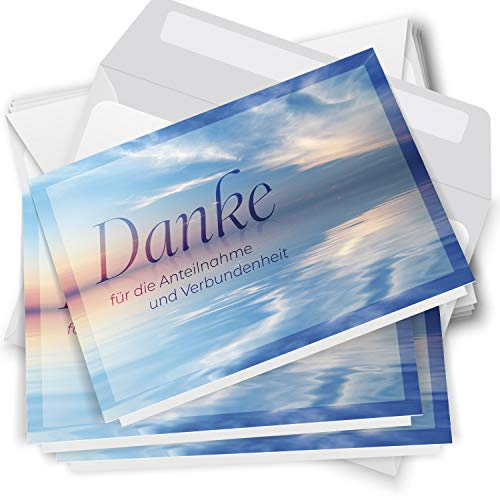 Danksagungskarten Trauer - 10 Danke Klappkarten mit Umschlägen | Motiv: Meer blau - Trauerkarten Danksagung mit Text – Dankeskarten Trauer nach Beerdigung