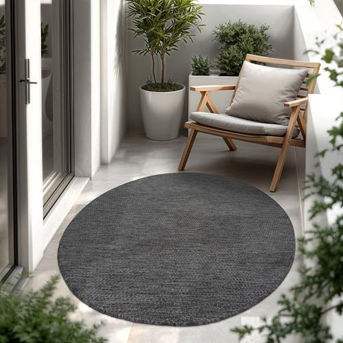 Paco Home Outdoor Teppich, Wetterfest Pflegeleicht Küchenteppich Ideal für Terrasse Balkon Garten, Flachgewebe Sisaloptik Modern Einfarbig meliert, 80 cm Rund, Anthrazit