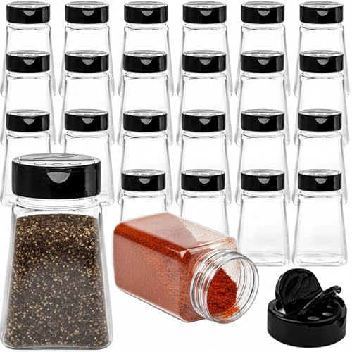 Tebery 24 Pack Clear Plastic Spice Jars with Black Flap Cap, 9OZ Seasoning Jars Storage Container Bottle To Pour Or Sifter Shaker for Storing Spice, Herbs and Powders
