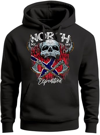 Neverless® Hoodie Herren North Wikinger Norwegen Skull Totenkopf Print Kapuzen-Pullover Männer Fashion Streetstyle Schwarz 3XL