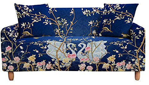 Highdi Vogel Blume Muster Sofabezug Sofaüberwürfe für 1/2/3/4 Sitzer, Armlehnen Sofa Cover Elastisch Stretch Antirutsch Sofa Cover Sofahusse Couchbezug Möbelschutz (Blau,3 Sitzer)