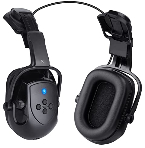 BJKing Bluetooth Hard Hat Earmuffs, NRR 28dB Adjustable Cap-Mounted Earmuffs, Helmet Attachable Earmuffs, Bluetooth Hearing Protection Earmuffs for Mowing, Construction Workshop, black, L