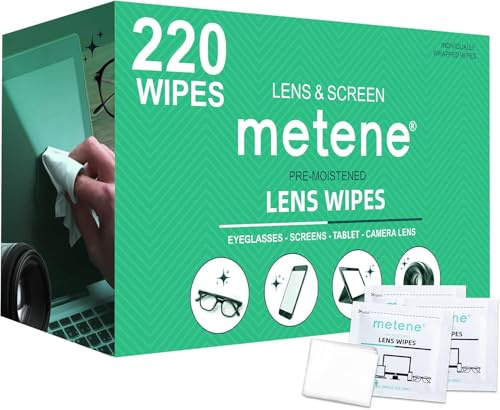 Metene Lens Cleaning Wipes, 220 PCS Individually Wrapped Glasses Wipes | Pre-Moistened Lens Wipes Scratch & Streak-Free Cleaner for Eyeglasses, Sunglasses, Camera Lenses, Computer Screens & Tablets
