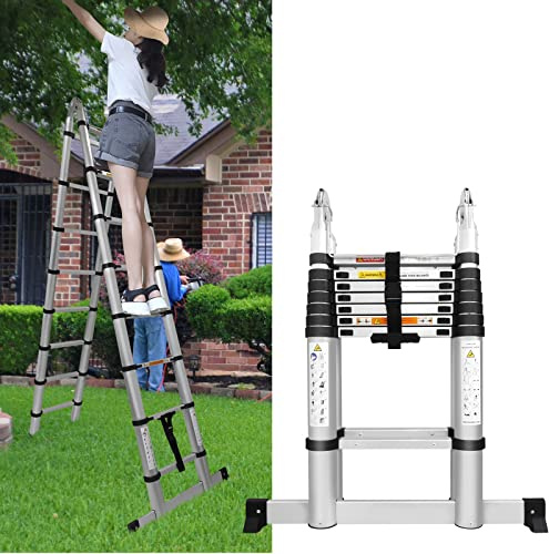 Teleskopleiter Klappleiter 1,9+1,9m, Rutschfester Tragbare Mehrzweckleiter Ausziehleiter mit Stabilisator, 11 Sprossen Stehleiter, 150kg Tragkraft, EN131
