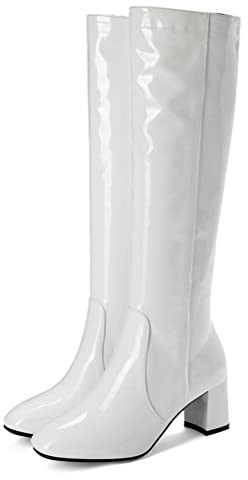 ORANDESIGNE Femmes Bottes Hautes en Cuir Verni à Bout Rond Fête Cuissarde Sexy Bottes Mode Talons Bloc Zipper Chunky Plateforme Warm Cuir Verni Prom Boots Mi-Bas Bottes A Blanc 44 EU
