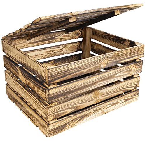 Creative Deco Große Holzkiste mit Deckel Vintage | 50x40x30 cm | Geflammt Deko Holztruhe mit Deckel | Geschenke Truhe Holzbox Kiste Perfekt als Geschenkbox Weinkiste Spielzeugkiste Aufbewahrungsbox