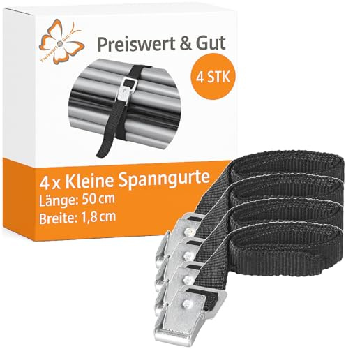 Preiswert&Gut 4X Kleine Spanngurte für Fahrradträger – Set mit Metallklemmschloss, Länge 50 cm x Breite 1,8 cm, sichere Befestigung, einfache Montage – ideal für Fahrradzubehör