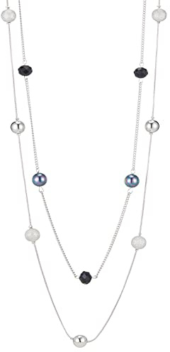 FULU AUTUMN Lange Perlenkette Damen Silber Schwarz Statement Kette Modeschmuck Kett Lang Vintage Schmuck Geburtstag Geschenke für Frauen