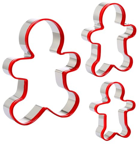 Gingerbread Man Cookie Cutters 3PCS, Stainless Steel Christmas Cookie Cutter Tools with Red Environmental PVC, Gingerbread Boy Shape Moulds Set for Baking
