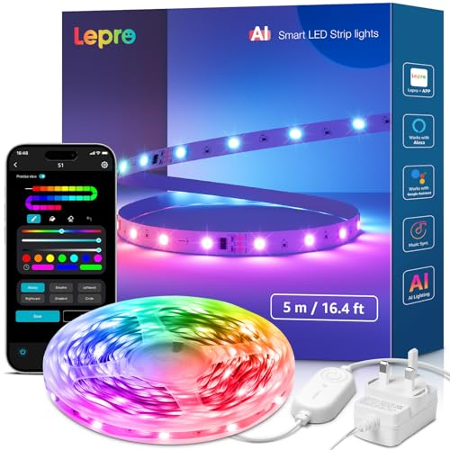 Lepro S1 AI Smart LED Strip Lights 5M RGB+IC, Works with Alexa & Google Assistant, Music Sync, Colour Changing, WiFi Bluetooth App Voice Control, Personalized AI Lighting Designer, Flexible LED Lights