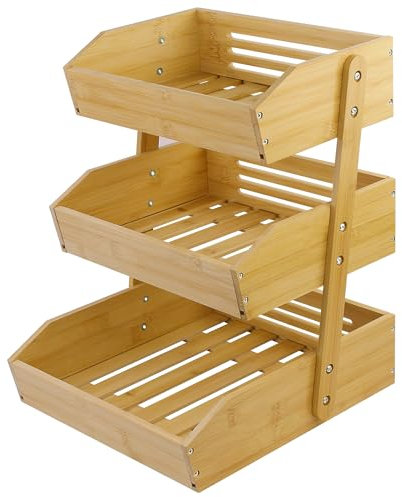 mobzio Fruit Basket for Kitchen Counter, 3 Tier Fruit Stand, Fruit Vegetable Storage Basket, Fruit Bowl for Kitchen Counter, Large Bamboo Basket Display Rack, Fruit Holder Produce Basket