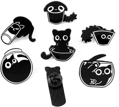 HUTRADE 7-teiliges Set mit Emaille-Anstecknadeln mit schwarzen Katzen | Verspielte Emaille-Anstecknadeln mit schwarzen Katzen für Frauen und Mädchen, DIY-Accessoires, Dekor
