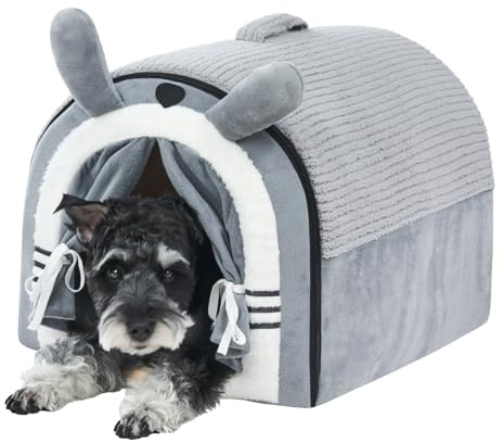 Jiupety Bonita cama tipo cueva para perros pequeños con diseño de cortina de puerta, casa para perros con cojín reversible lavable, casa portátil para cachorros, cabaña estilo dibujos animados de