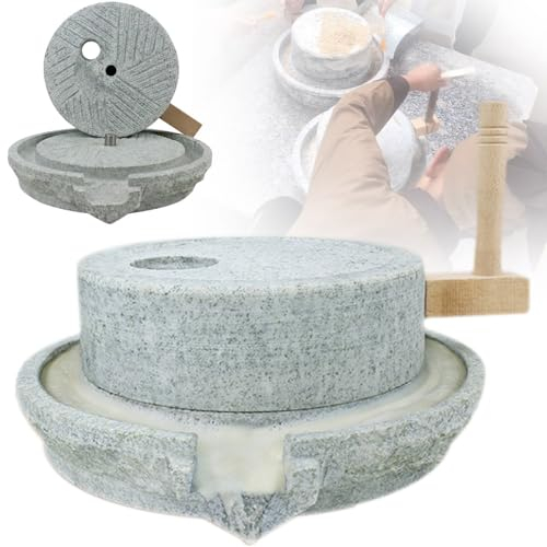 MLYYYDSS Handcrafted Bluestone Grinder, Natural Granite Paste Grinder, Hand Dry/Wet Grain Pulverizer with Wooden Frame for Grains, Beans and Barley