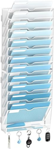 SUPTIDY 13-stöckiger Wand Zeitungshalter, Wandorganizer Büro, Metall Prospekthalter, Montage erforderlich, A4 Dokumentenablage Mit Haken, Weiß