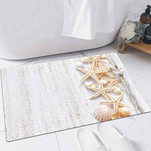 EMFSLA rutschfest Badezimmer Badeteppiche,Weich Hochflor Saugfähig Badvorleger Waschbar Flauschige Mikrofaser Badematte,Muscheln und Seesterne mit marineblauem Seil in vertikaler Richtung, H,60x90 cm