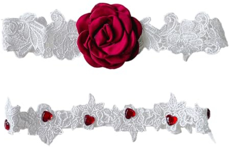 Anevous Jarretière de mariage avec roses rouges - Porte-jarretelles en dentelle extensible - Pour femme - Accessoire de fête - Accessoire de mariage - Blanc
