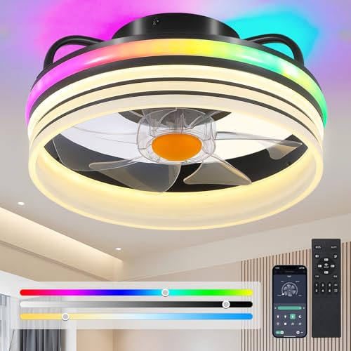 BYKISTOK Flush Mount Ceiling Fan with RGB Light - 13“ Small Bladeless Ceiling Fan Light with Reversible Mute Motor, RGB LED Dimmable, Low Profile Enclosed Ceiling Fans for Indoor, Kids Room, Party