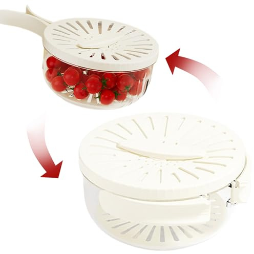 Canasta de drenaje con tapa, tazón de lavado de frutas con colador y mango plegable 6.1x3.3 in, filtro de alimentos multifuncional redondo con bandeja de drenaje para el refrigerador, blanco, limpiad