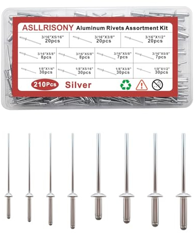 ASLLRISONY 210Pcs Silver 3/16 Inches,1/8 Inches Pop Rivets Assortment Kit, 8 Sizes Aluminum Rivets,Aluminum blind rivets for metal Dome Head rivet kit