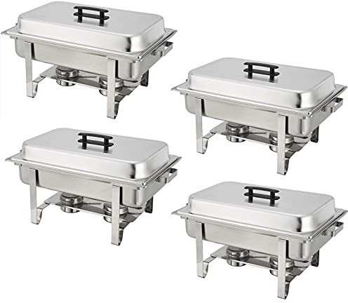 Juego de 8 utensilios de acero inoxidable de tamaño completo y calentador de buffet, olla caliente rectangular con marco plegable, plato de agua, plato de comida, estante de combustible y tapa (paque
