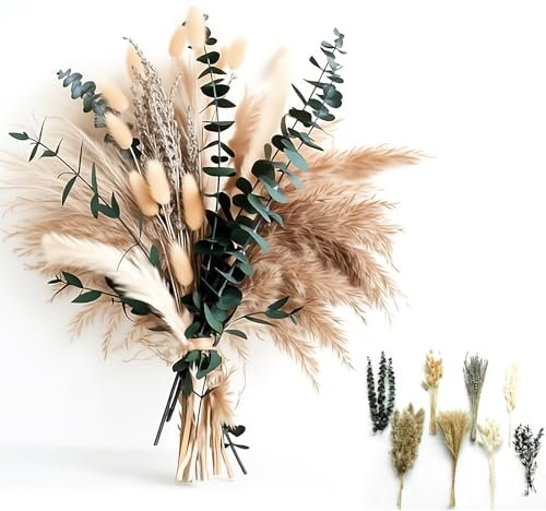 100pcs Green Pampas Grass Dried Flowers Bouquet for Boho Decor, Fluffy Artificial Arrangements for Home and Vases