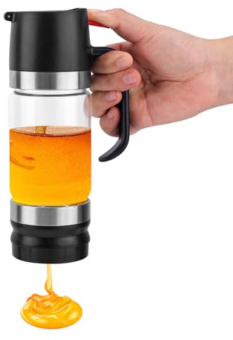 Gosknor Honigspender, Tropffreier Honigspender aus Glas mit Sockel 300ml Honigglas aus Glas mit Griff Sirupspender Honigbehälter für Honigsirup Kaffee Tee (Schwarz)