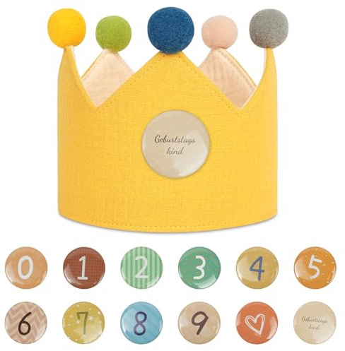 URAQT Cappellini Compleanno Bambini, Corona Compleanno Bambino con Numeri Intercambiabili da 0 a 9, Tessuto Cappello da Festa di Compleanno per Bambini Festa di Compleanno(Giallo)