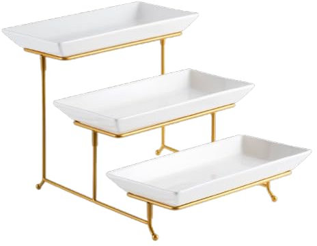 Vencier 3 Tier Serving Platter Set Three Tier Food Dessert & Cake Display Party Food Tray Set (White/Gold)