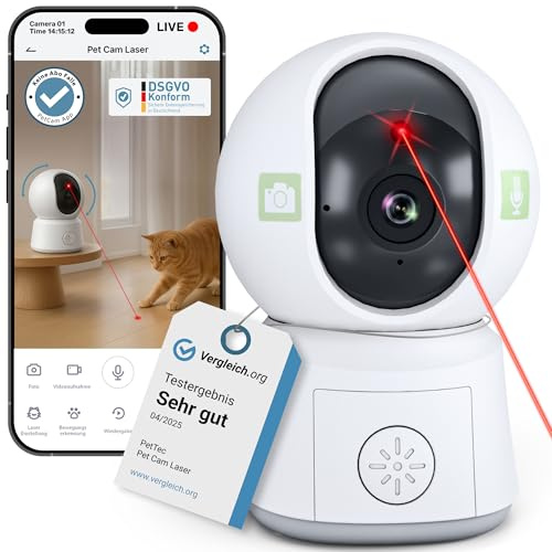 PetTec® Pet Cam Laser - Haustierkamera mit App [OHNE ABO-Falle] - Katzen Kamera Zuhause mit Bewegungserkennung & Nachtsichtfunktion - 4MP Rundumblick 360° Schwenken & Neigen - Katzenspielzeug