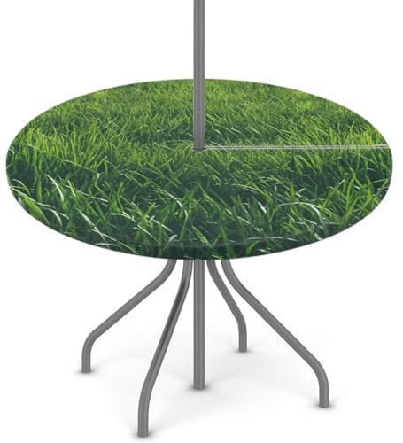 Woltant Tovaglia rotonda con foro per ombrellone e cerniera, facile da pulire, con bordi elastici, protezione per tavolo da esterno, per giardino, patio, barbecue (erba verde)