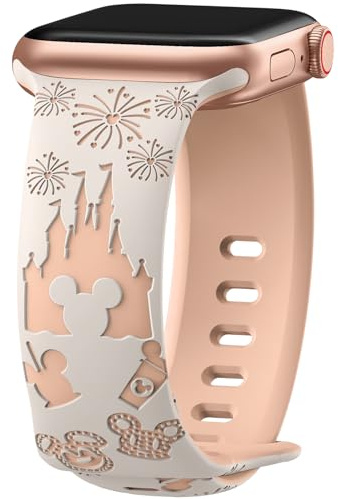 Cartoon Engraved Strap Compatible with Apple Watch Straps 40mm 38mm 44mm 45mm 41mm 42mm 49mm Women, Two-Tone Cute Soft Silicone Sport Strap for iWatch Series 10/9/8/SE/7/6/5/4/3/2/1