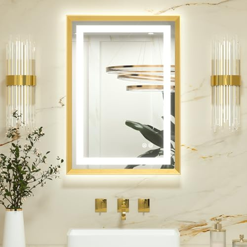 Keonjinn Badspiegel mit Beleuchtung Gold Metallrahmen 50x70cm, Badezimmerspiegel Beleuchtet Beschlagfrei Led Bad Spiegel mit Touch-Schalter, 3 Lichtfarben Dimmbar Speicherfunktion Wandspiegel