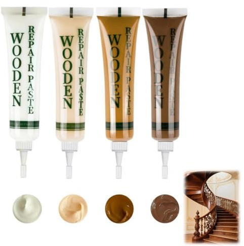 4 Color Wood Filler Pine Laminate Floor Repair Kit,Laminate Scratch Repair,Wood Putty for Repairing Scratches,Cracks and Discoloration for Wooden Cabinet,Floor and Door,(White,Maple,Log,Dalbergia)