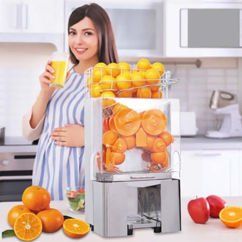 Exprimidor de naranjas comercial, máquina automática de extracción de jugo de 120 W, exprimidor de acero inoxidable, 20 naranjas por minuto, tapa de filtro extraíble, 2 cubos recolectores de cáscara